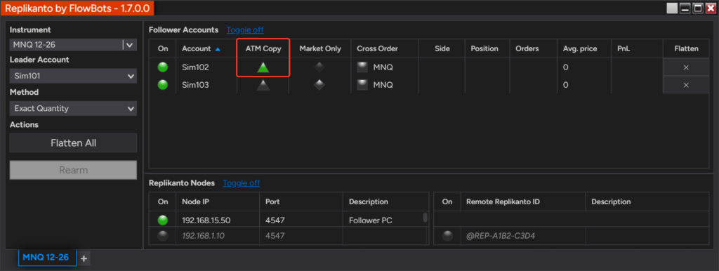 Follower Accounts grid with the ATM Copy triangle green for follower Sim102 and grey for Sim103