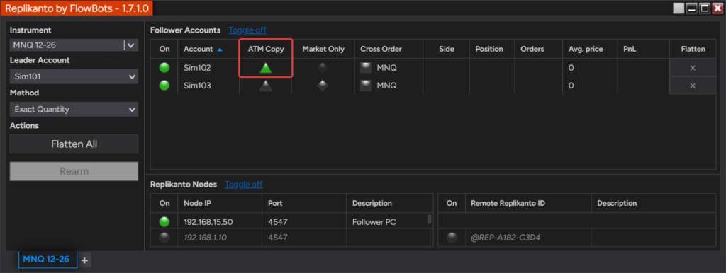 Follower Accounts grid with the ATM Copy triangle green for follower Sim102 and grey for Sim103