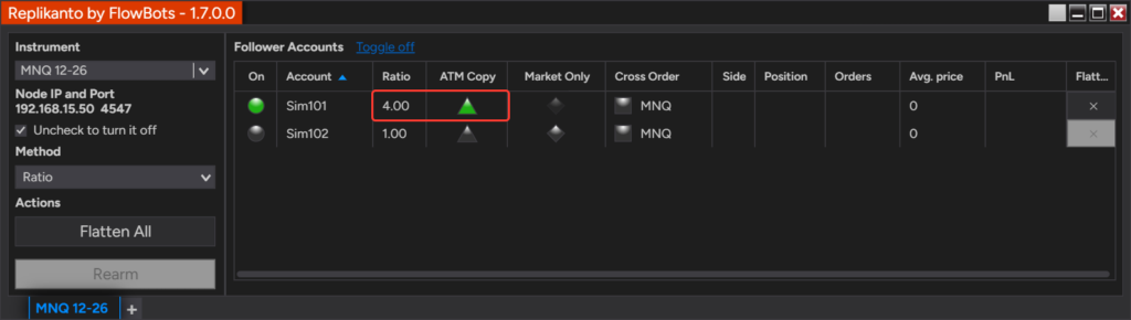Follower computer's Replikanto window in Network Node Mode: follower Sim101 with Ratio 4 and ATM Copy turned on
