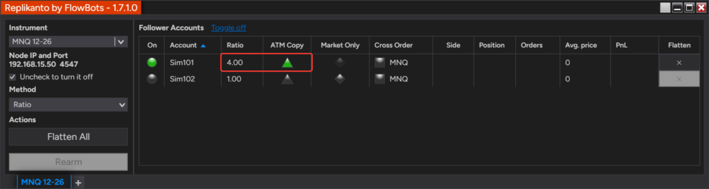 Follower computer's Replikanto window in Network Node Mode: follower Sim101 with Ratio 4 and ATM Copy turned on