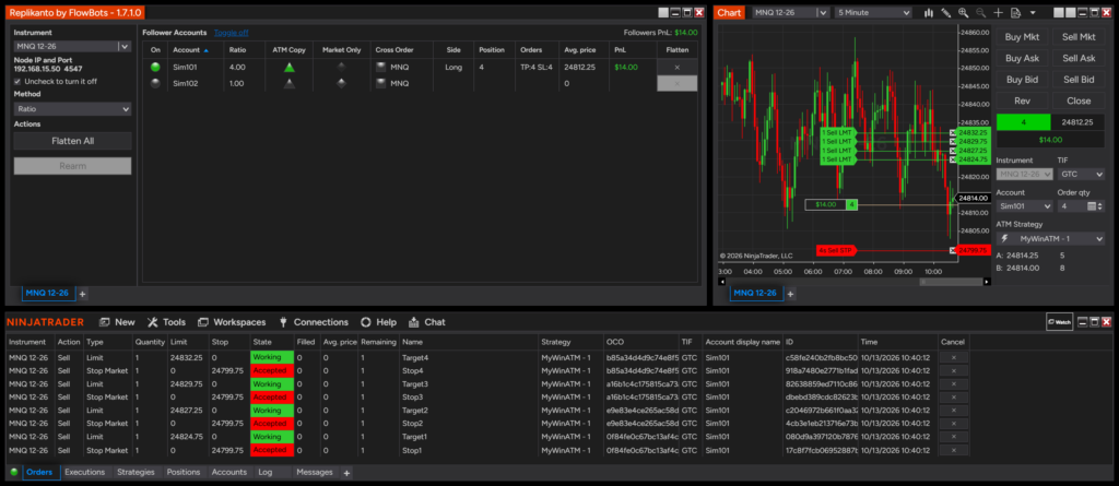 Remote follower Sim101 long 4 contracts with four targets and four stops placed by its own MyWinATM strategy