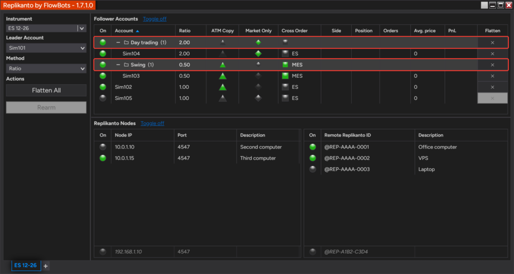 Follower Accounts grid with the custom groups Swing and Day trading and two accounts that are in no group
