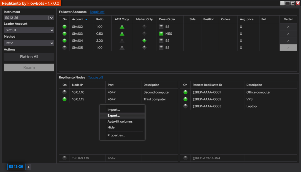 Replikanto window with the right-click menu of the local network node list open, showing Import... and Export...