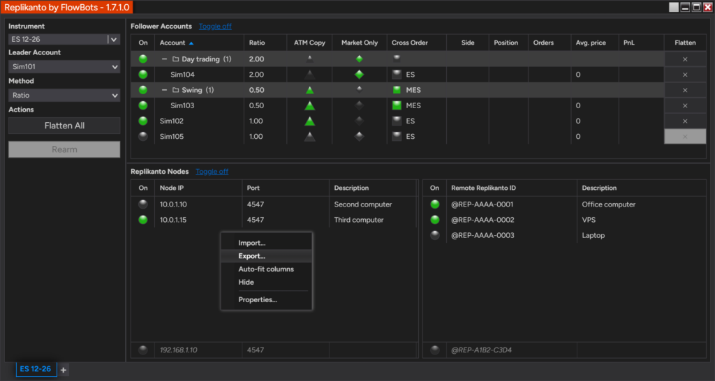 Replikanto window with the right-click menu of the local network node list open, showing Import... and Export...