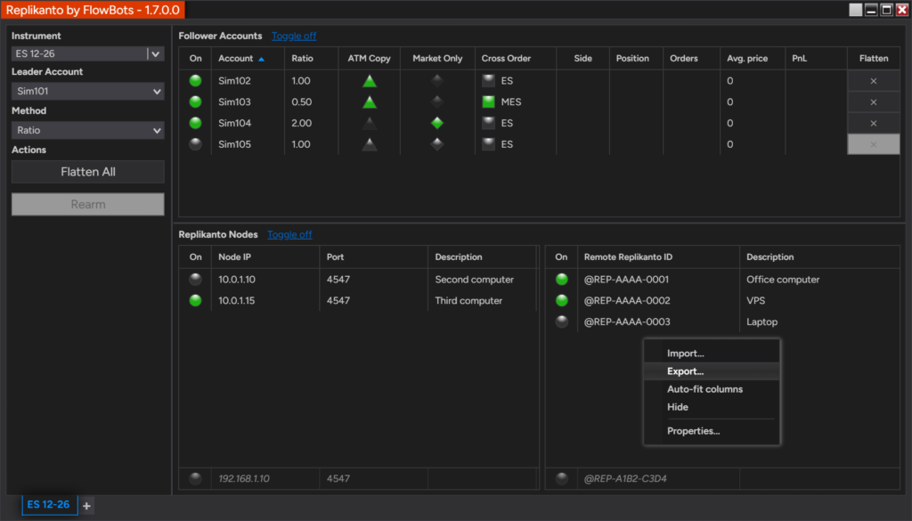 Replikanto window with the right-click menu of the remote node list open, showing Import... and Export...