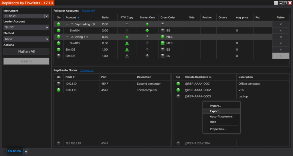 Replikanto window with the right-click menu of the remote node list open, showing Import... and Export...