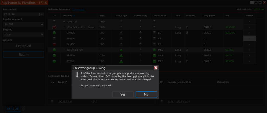Confirmation window before turning off a group whose accounts hold a position