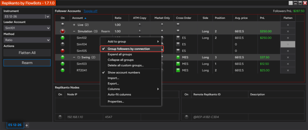 Right-click menu of the Follower Accounts grid with Group followers by connection checked