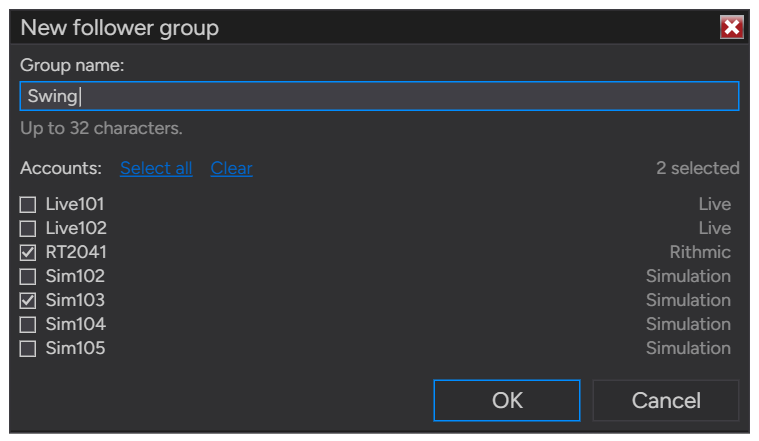 New follower group window with the name Swing and two accounts checked