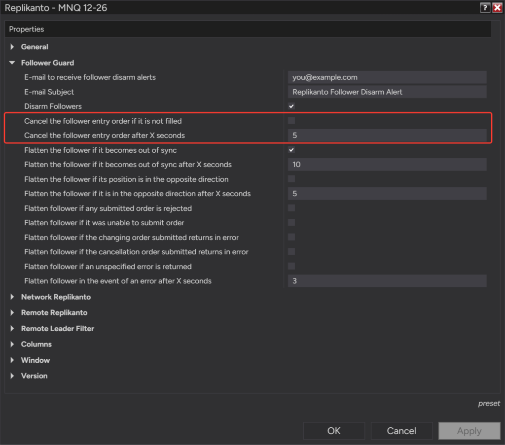 Follower Guard options Cancel the follower entry order if it is not filled and Cancel the follower entry order after X seconds, set to 5