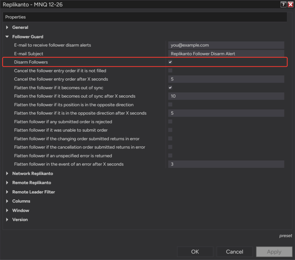 Replikanto Properties, Follower Guard group, with the Disarm Followers option checked