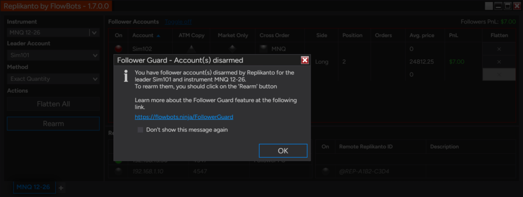 Message Follower Guard - Account(s) disarmed over the Replikanto window, with a red follower dot and the follower grid outlined in red