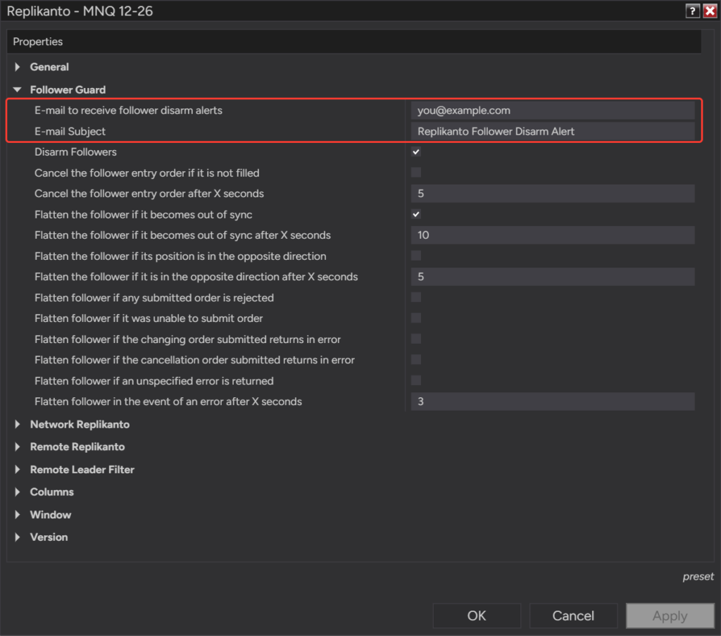 Follower Guard group with the E-mail to receive follower disarm alerts and E-mail Subject fields filled in