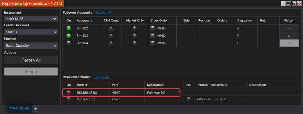 Replikanto window with a local network node whose dot is red (Away) and the node list outlined in red