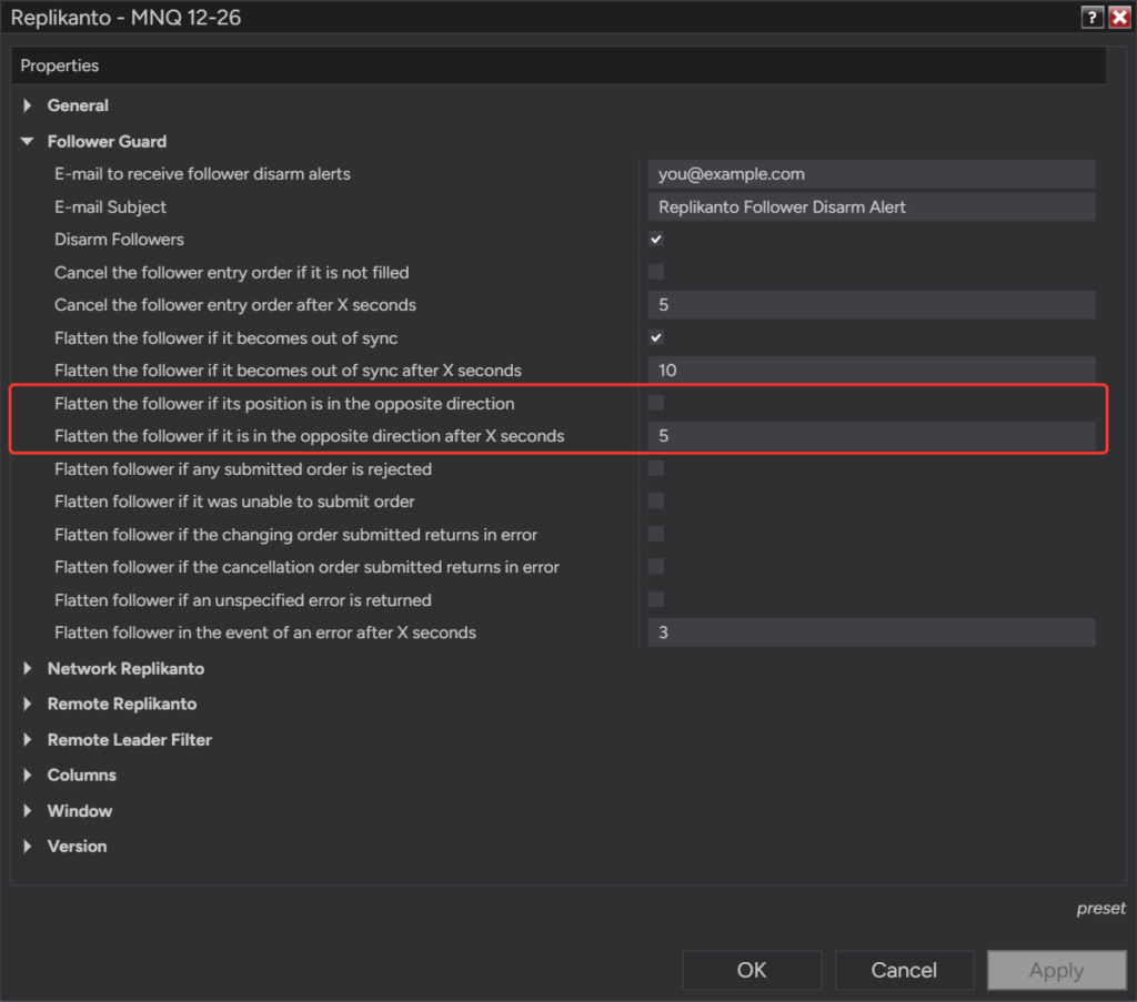 Follower Guard options to flatten a follower whose position is in the opposite direction and its delay, set to 5 seconds