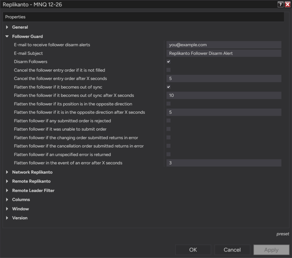 Replikanto Properties with the Follower Guard group expanded, showing the e-mail fields, Disarm Followers, the cancel and flatten options and their delays in seconds