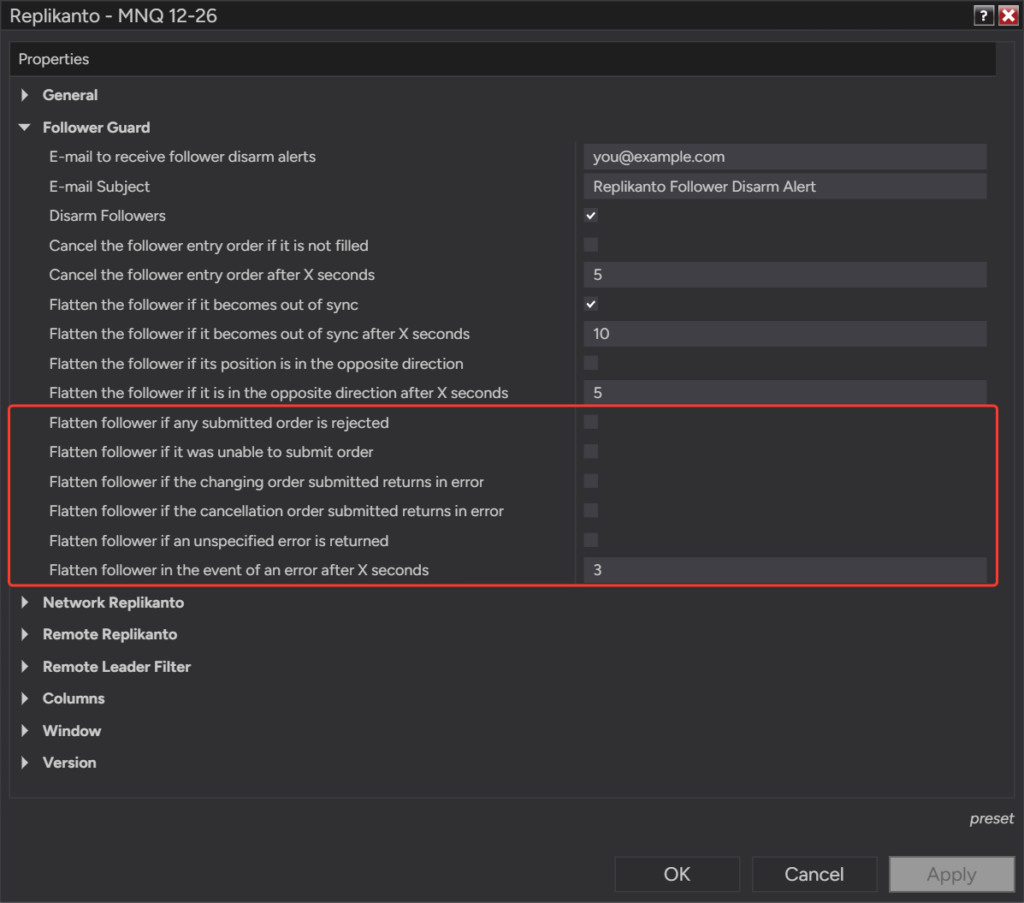 The five Follower Guard options that flatten a follower on an order error, and the delay option set to 3 seconds