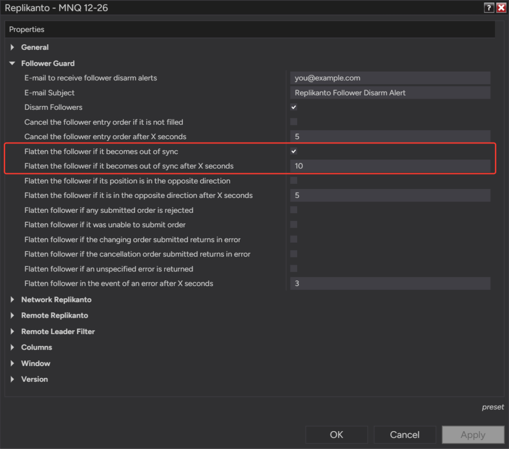 Follower Guard options Flatten the follower if it becomes out of sync and its delay, set to 10 seconds