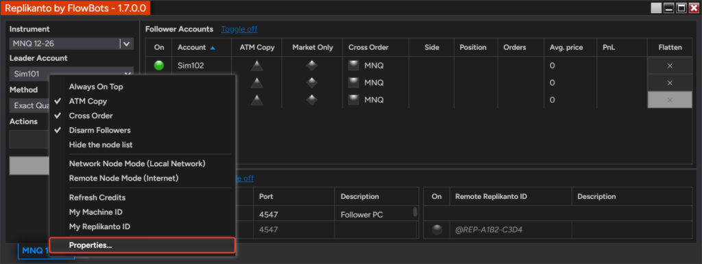 Replikanto right-click menu with the Properties... item outlined in red