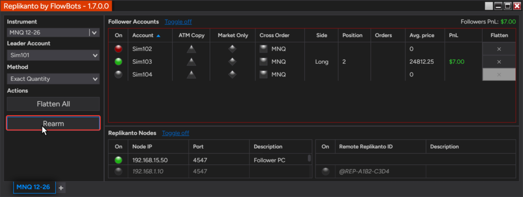 Replikanto window with the red Disarmed follower Sim102, the follower grid outlined in red and the mouse on the Rearm button
