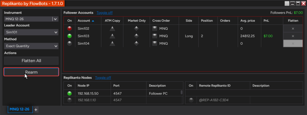 Replikanto window with the red Disarmed follower Sim102, the follower grid outlined in red and the mouse on the Rearm button
