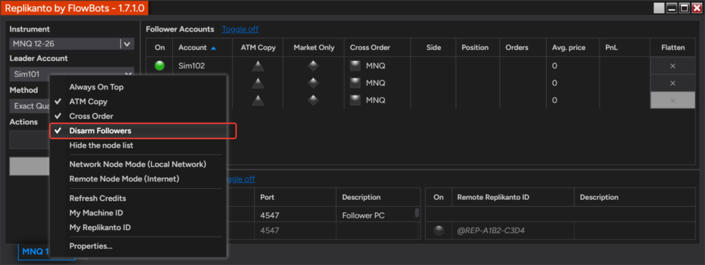 Replikanto right-click menu with the Disarm Followers item checked and outlined in red