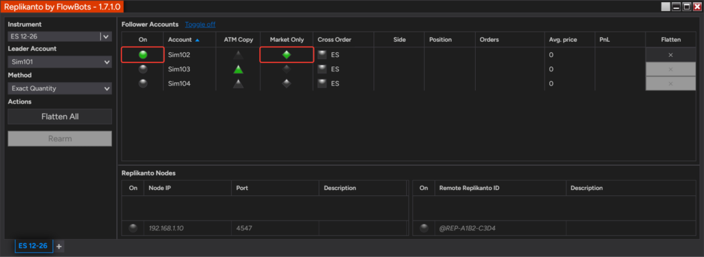 Follower Sim102 turned on with a green Market Only diamond