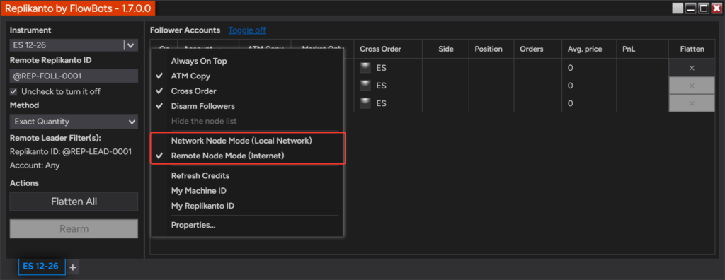 Replikanto right-click menu open on a node tab, with the Network Node Mode (Local Network) and Remote Node Mode (Internet) items framed in red