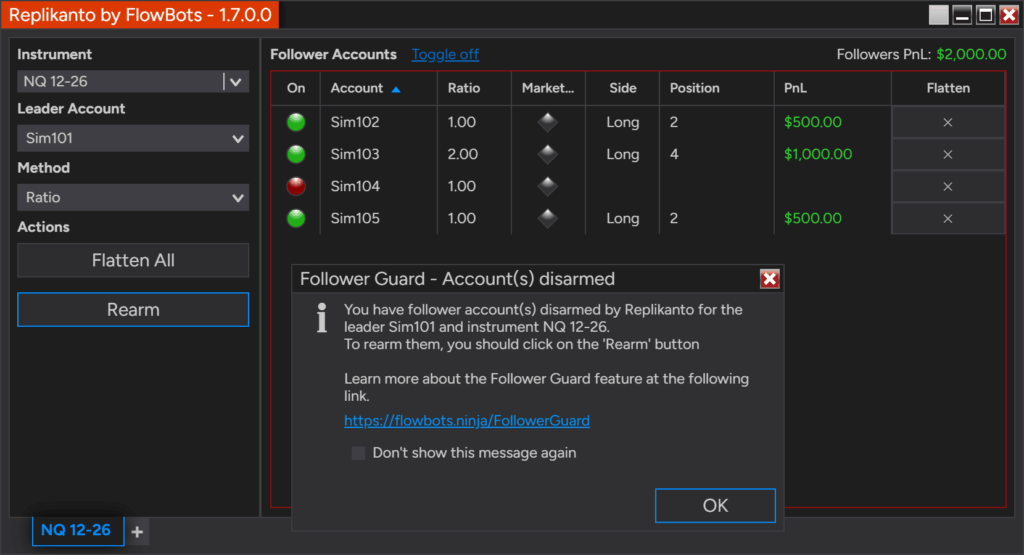 Replikanto Follower Guard alert: follower Sim104 disarmed for leader Sim101 on NQ 12-26, with the Rearm button ready while the other followers stay in the trade