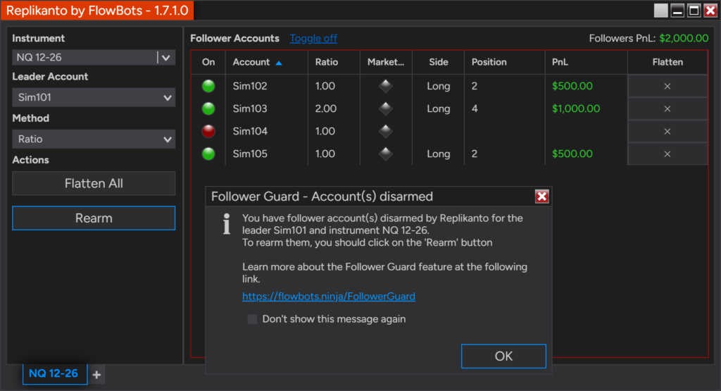 Replikanto Follower Guard alert: follower Sim104 disarmed for leader Sim101 on NQ 12-26, with the Rearm button ready while the other followers stay in the trade