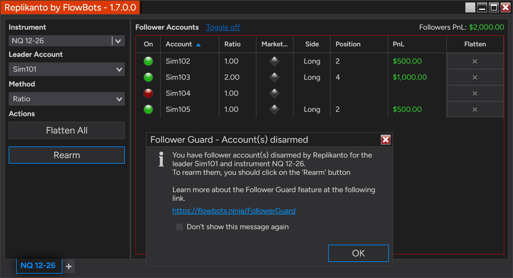 Replikanto Follower Guard alert: follower Sim104 disarmed for leader Sim101 on NQ 12-26, with the Rearm button ready while the other followers stay in the trade