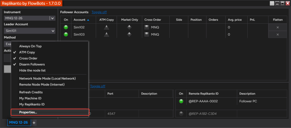 Replikanto right-click menu with the Properties item highlighted
