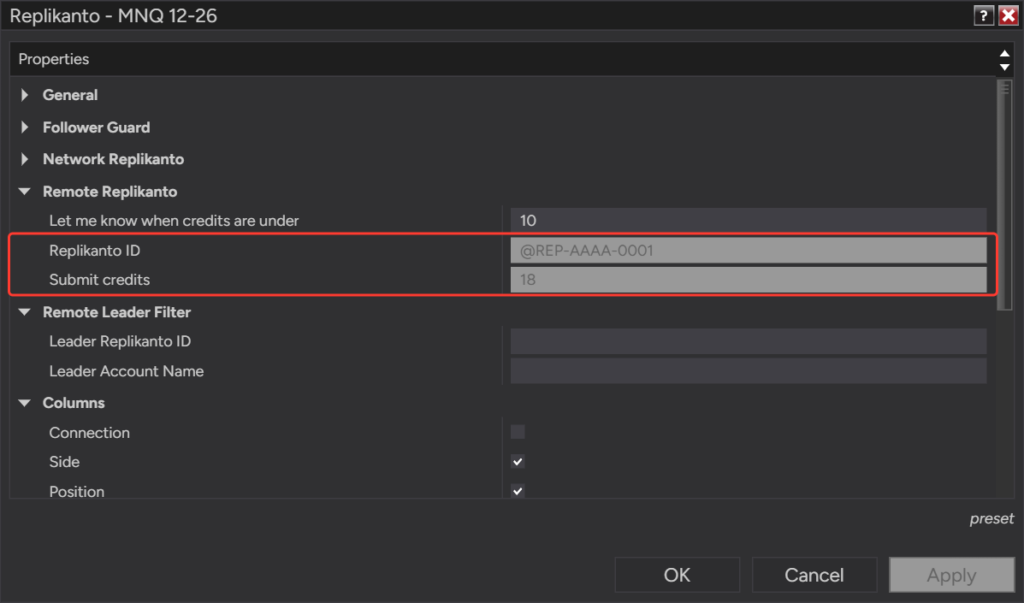 Replikanto Properties window with the Remote Replikanto group open, showing the made-up Replikanto ID @REP-AAAA-0001 and a Submit credits balance of 18