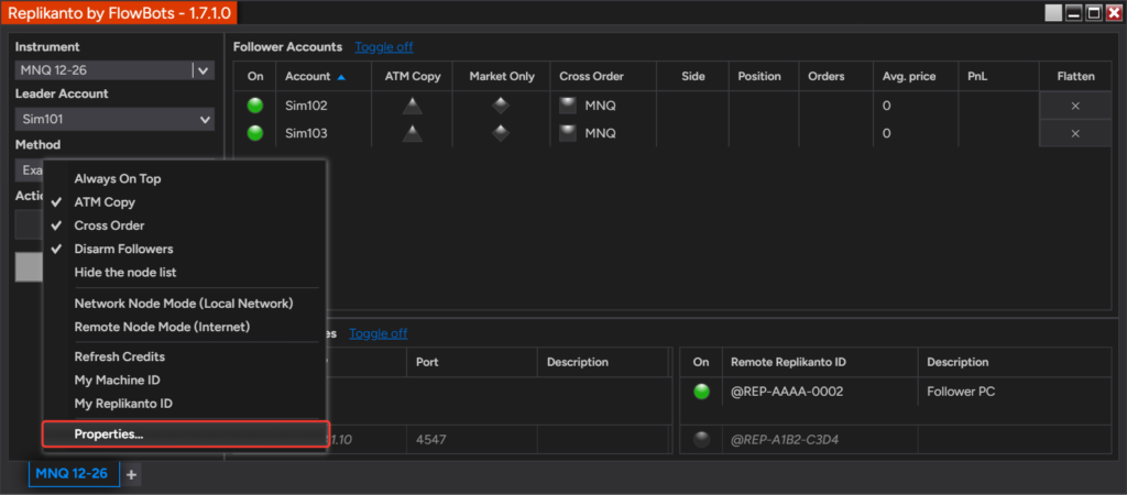 Replikanto right-click menu with the Properties item highlighted