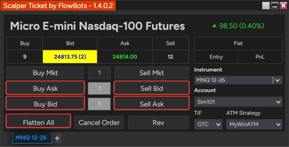 ScalperTicket window with the Buy Ask, Buy Bid, Sell Bid, Sell Ask and Flatten All buttons highlighted