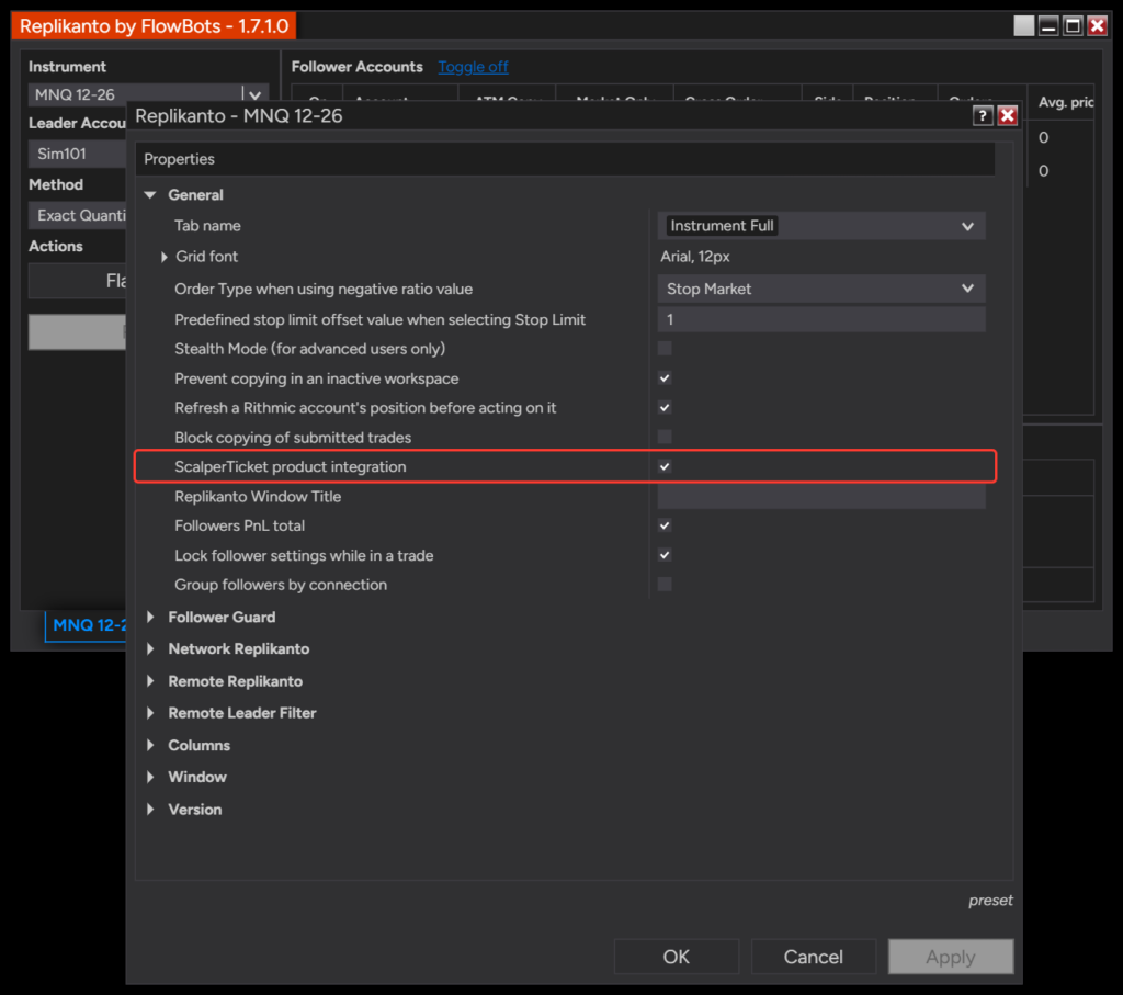 Replikanto Properties window, General group, with the ScalperTicket product integration option checked