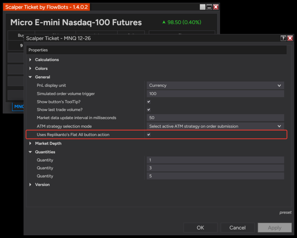 ScalperTicket Properties window, General group, with the Uses Replikanto's Flat All button action option checked