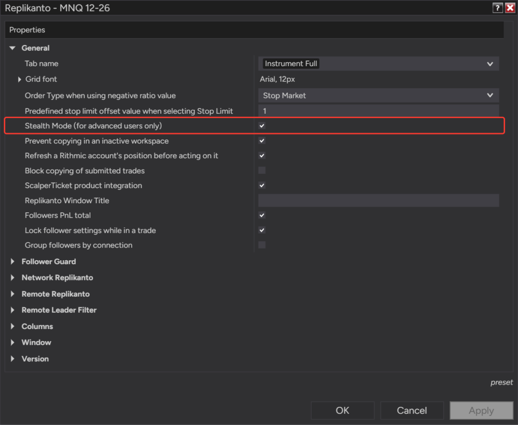 Replikanto Properties window, General group, with the Stealth Mode check box selected