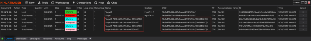 NinjaTrader Orders tab without Stealth Mode: the follower orders show a Name and an OCO that include the Replikanto tab identifier