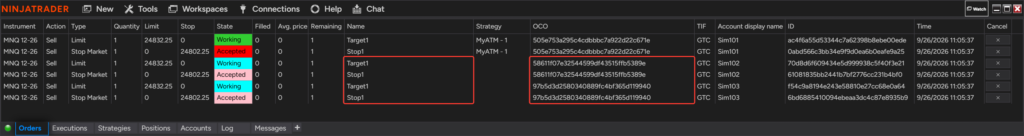 NinjaTrader Orders tab with Stealth Mode on: the follower orders show no Replikanto identifier in the Name or OCO columns