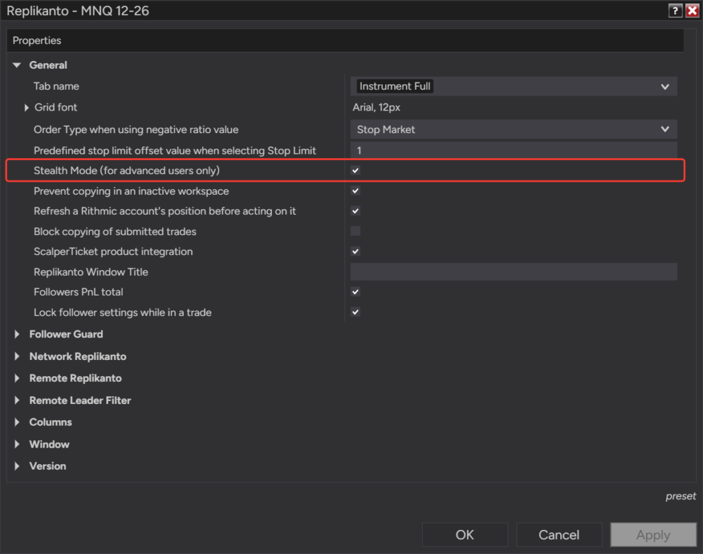 Replikanto Properties window, General group, with the Stealth Mode check box selected