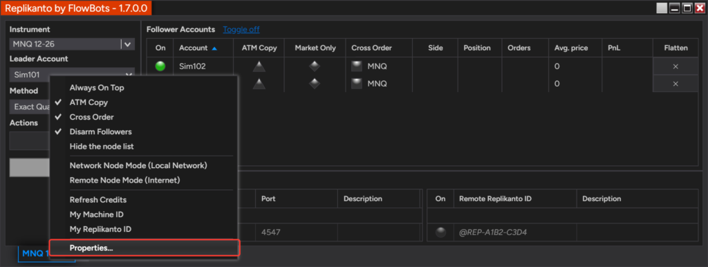 Replikanto window right-click menu with the Properties item highlighted