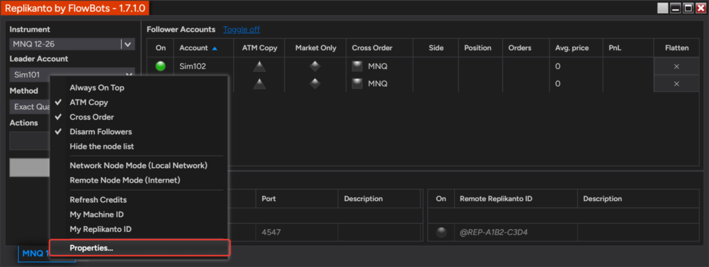 Replikanto window right-click menu with the Properties item highlighted